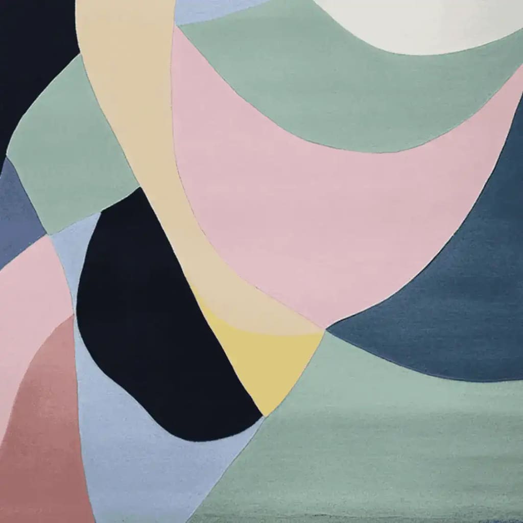 A vibrant area rug featuring a contemporary abstract design with bold, flowing colors including pink, yellow, green, and blue. This hand-tufted wool rug is ideal for adding a splash of color to a living room. Perfect for 8x10 spaces, it combines modern aesthetics with cozy texture.