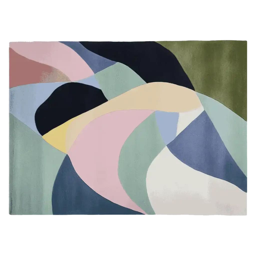 A vibrant area rug featuring an abstract design with flowing colors including pastel pink, green, and blue. Perfect for adding a touch of modern elegance to any living room, this 8x10 wool rug combines contemporary style with quality craftsmanship.