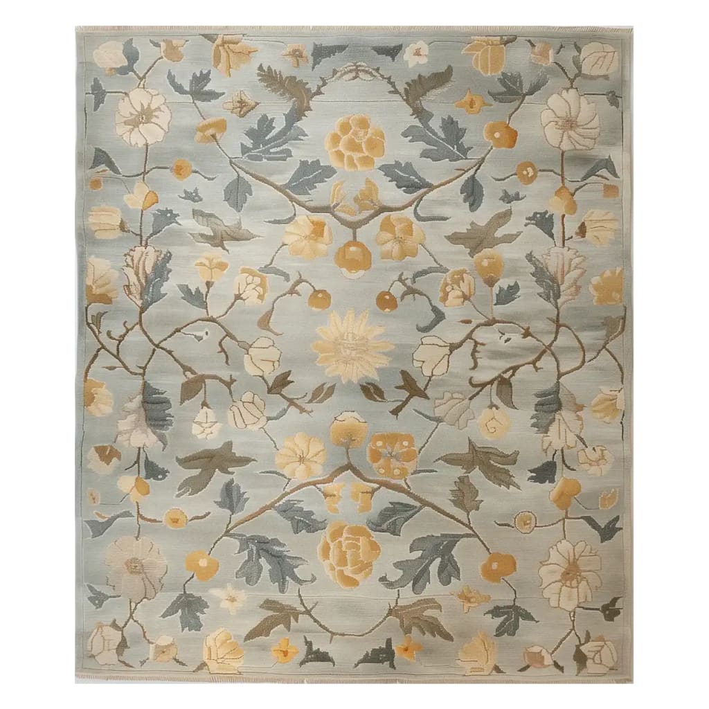 Elegant Whispering Garden Hand Tufted Wool Rug featuring a vintage floral design in soft blues and yellows, perfect for adding a touch of sophistication to living room spaces. This 8x10 area rug is crafted from high-quality wool, making it an ideal choice for those seeking luxurious and durable area rugs for their living room.