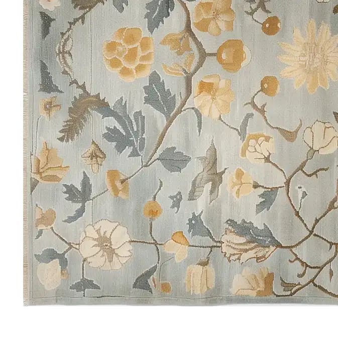 Whispering Garden Hand Tufted Wool Rug featuring an intricate floral pattern in soft hues of blue and gold, perfect for adding a vintage charm to your living space. Ideal as an area rug for living rooms, this 8x10 wool rug combines elegance and comfort.