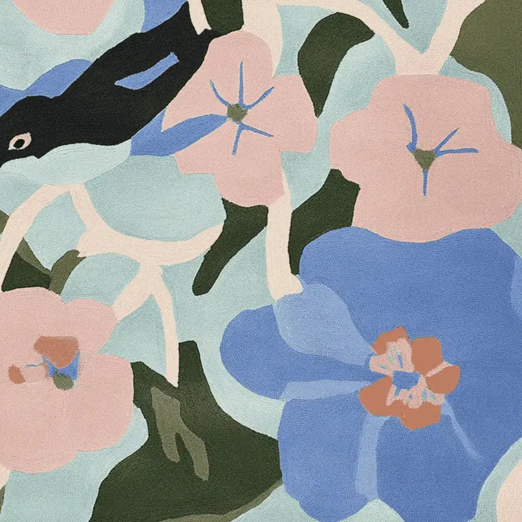 A vibrant hand-tufted area rug with an abstract design featuring pastel flowers and a bird. This wool rug is perfect for adding a contemporary touch to any living room decor.