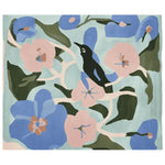 A beautifully designed area rug featuring a contemporary style with a hand-tufted wool construction. The rug showcases a vibrant pattern of blue and pink flowers intertwined with green leaves, accompanied by a central bird motif. Perfect for adding a touch of elegance to living room spaces.