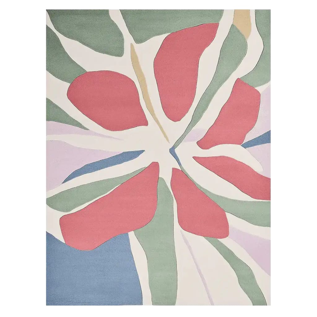 A vibrant Whispering Petal Hue Hand Tufted Area Rug featuring an abstract floral design in shades of pink, green, and blue, crafted from high-quality wool. Perfect for adding a contemporary touch to living room spaces, this wool rug showcases a modern aesthetic ideal for those seeking stylish area rugs for living rooms.