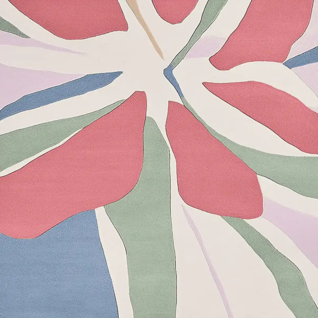 The Whispering Petal Hue Hand Tufted Rug showcases a vibrant, abstract floral design in soft pink, green, and blue tones. This wool area rug is perfect for contemporary living rooms, adding a modern touch to any space.