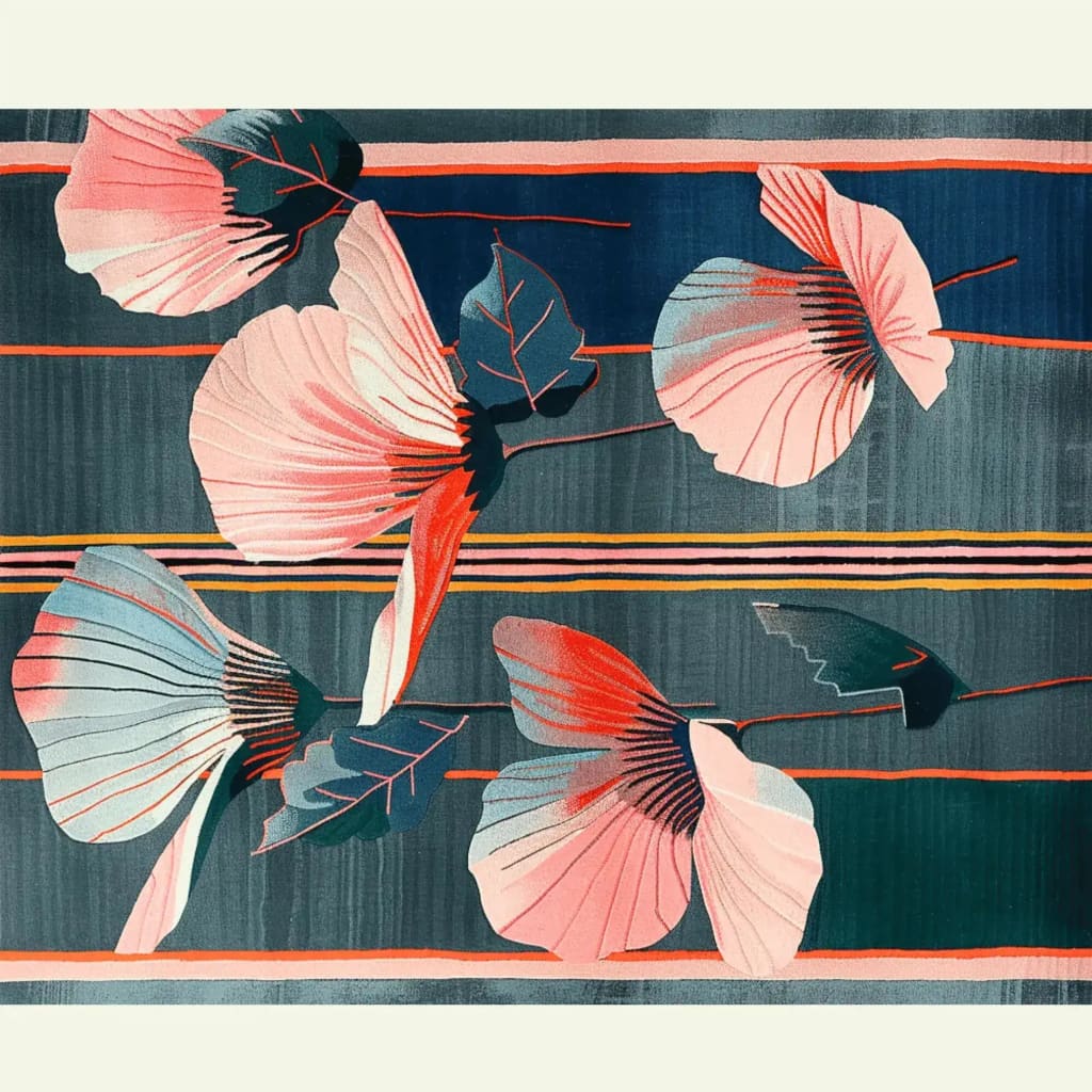 The Whispering Petals Hand Tufted Area Rug showcases a stunning floral design with vibrant pink and coral petals against a teal background. This contemporary wool rug adds a touch of elegance to any bedroom, offering a blend of beauty and comfort.