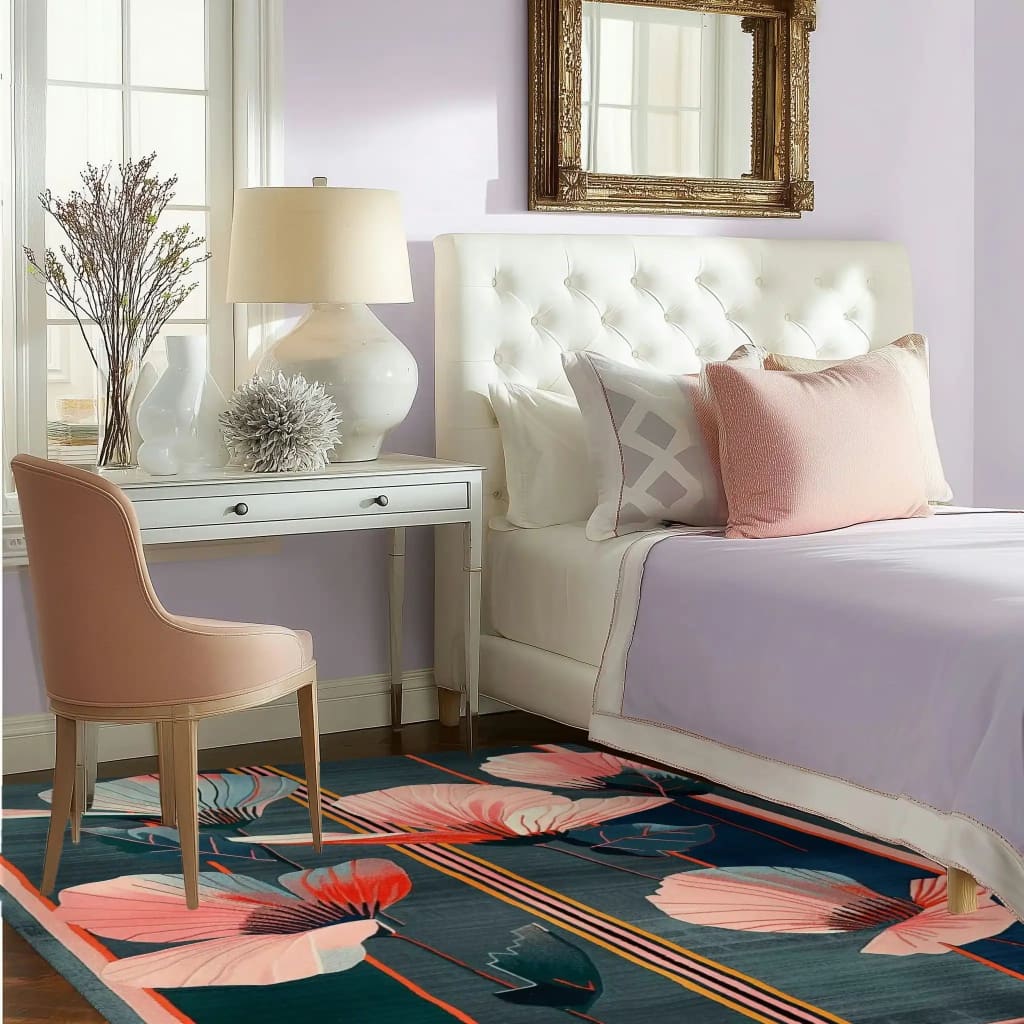 A beautifully decorated bedroom featuring the Whispering Petals Hand Tufted Area Rug. This contemporary wool rug, with its striking floral patterns, enhances the tranquil ambiance of the room. The rug's vibrant colors complement the soft tones of the bedding and furniture, making it a perfect addition to any modern bedroom setting.