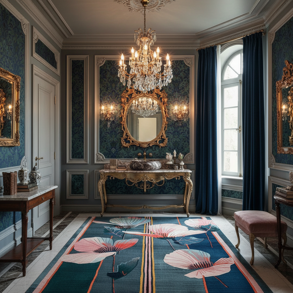 Luxurious bathroom with ornate fixtures, chandelier, and floral rug.