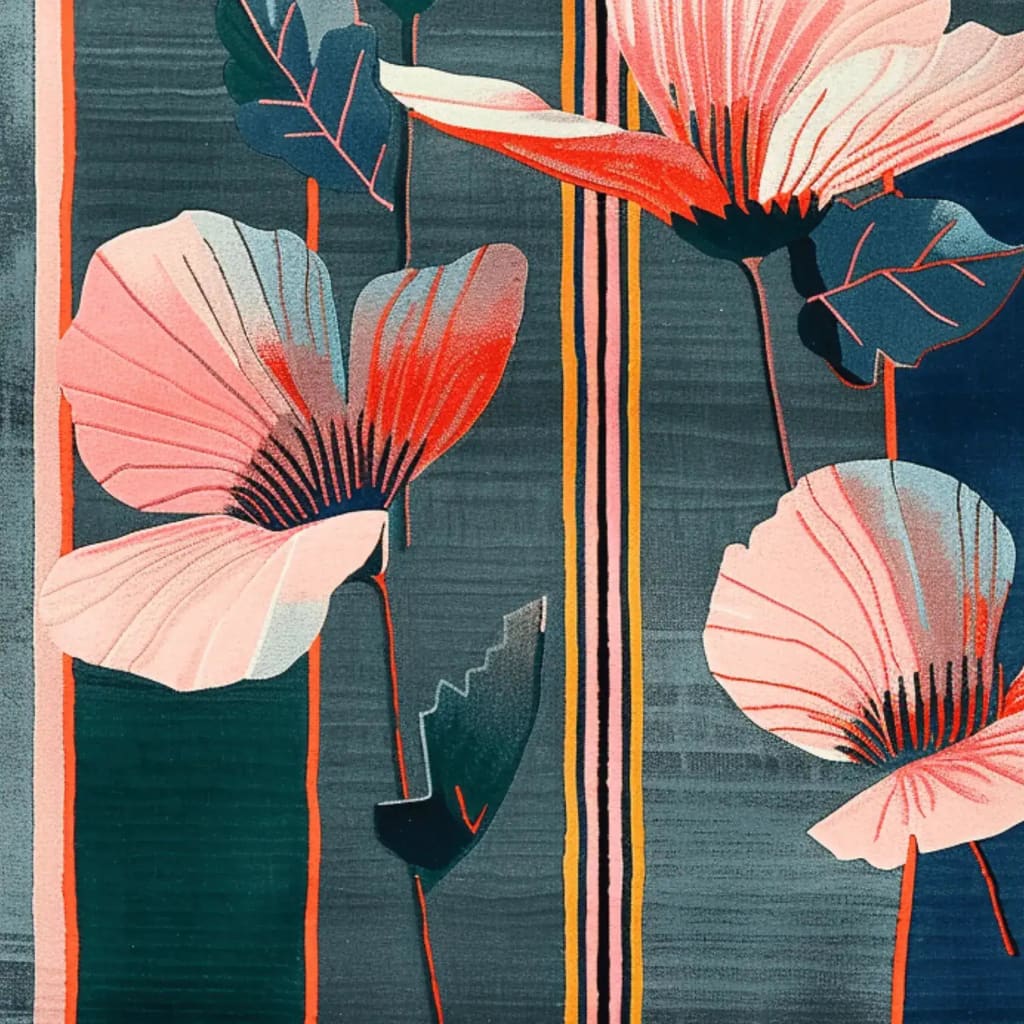 This vibrant area rug showcases a contemporary floral design, featuring large, abstract pink and red flowers with green leaves on a deep blue background. Made from high-quality wool, this floral rug adds a touch of elegance to any bedroom, perfect for those seeking a stylish and cozy wool rug.