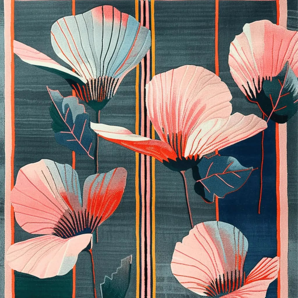 A stunning area rug featuring a vibrant floral design with large, pink petals and bold green leaves on a deep teal background. This contemporary wool rug is perfect for adding a touch of elegance to any bedroom, offering a modern and artistic flair with its whispering petals theme.