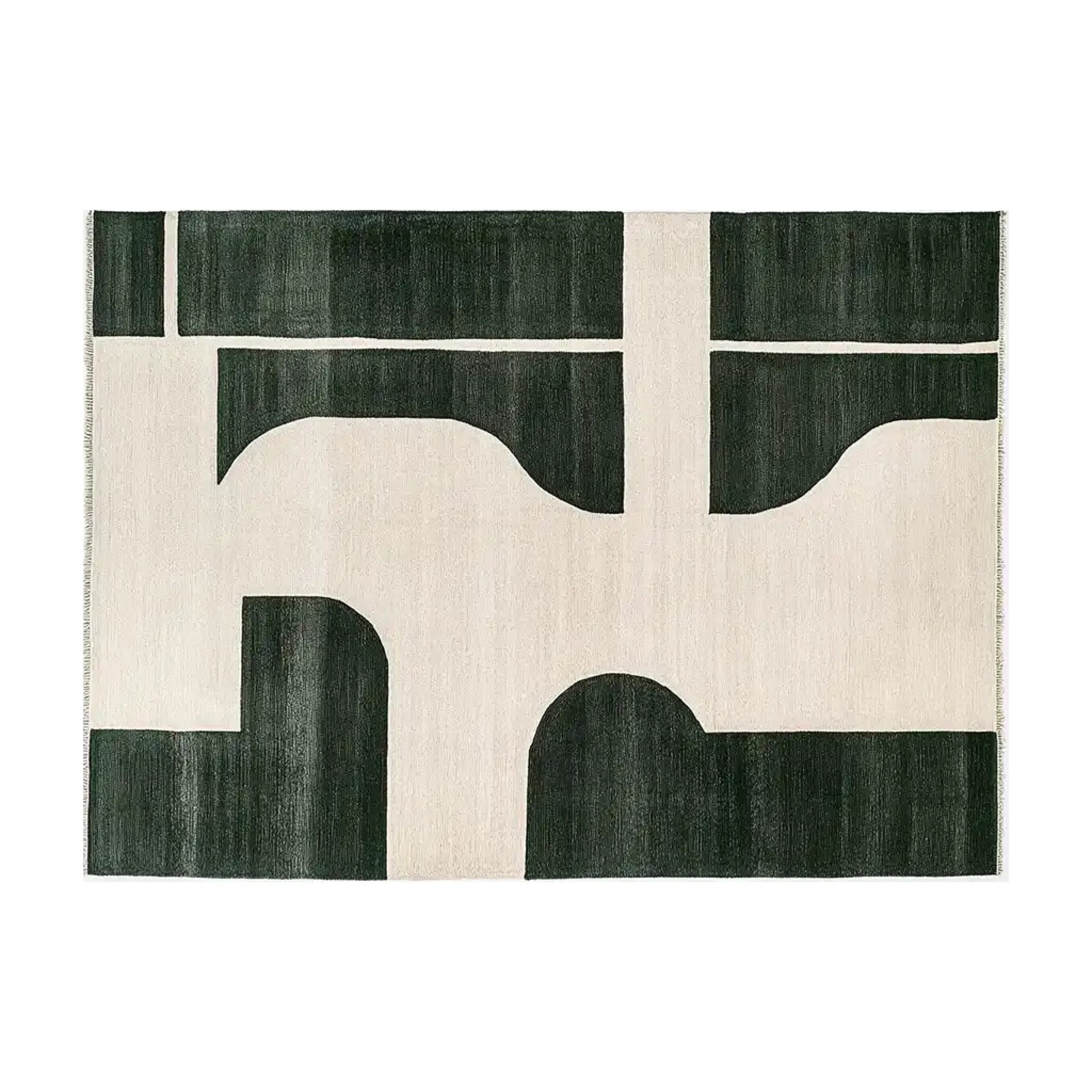 This contemporary area rug, crafted from premium wool, features a striking geometric pattern in deep green and cream tones. Ideal for large living rooms, this stylish wool rug adds a modern touch to any space.