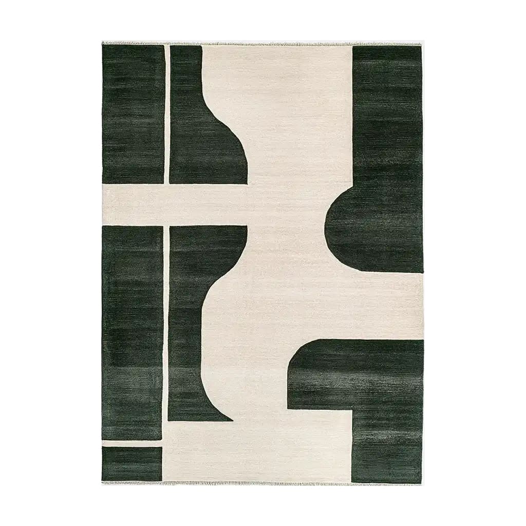 The Whispering Sands Glow Knotted Wool Rug is a stunning area rug ideal for contemporary living rooms. This large living room rug features a bold geometric design in contrasting dark and light shades, crafted from high-quality wool. Perfect for adding a modern touch to your home décor.