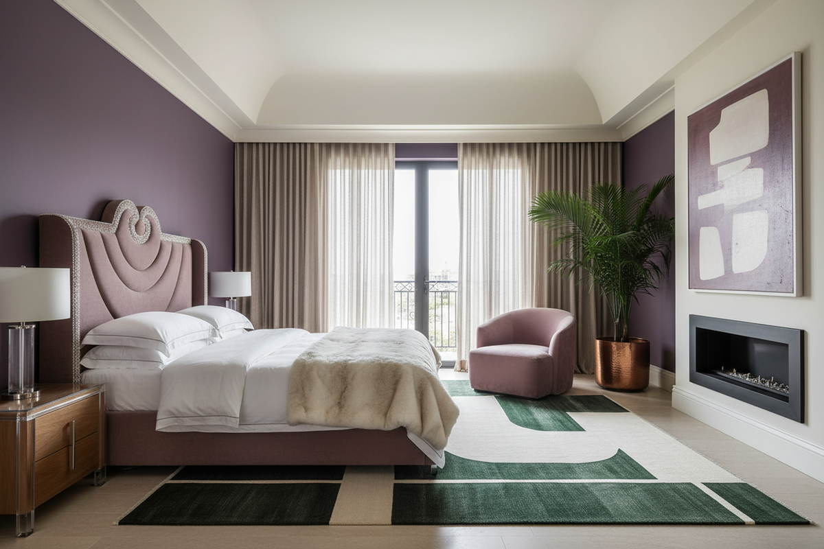 Modern bedroom with purple headboard, white bedding, green rug, and decorative elements.