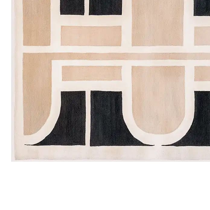 A contemporary wool area rug featuring an abstract geometric design in beige and black tones, perfect for enhancing the aesthetics of living room rugs 8x10. This stylish rugs for living room option provides a modern touch with its unique pattern and quality wool material.