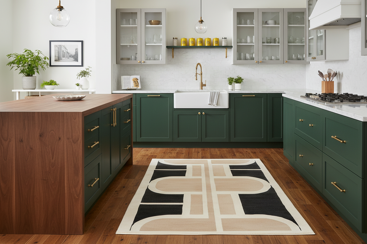 Modern kitchen with green cabinets, wooden island, and geometric rug.