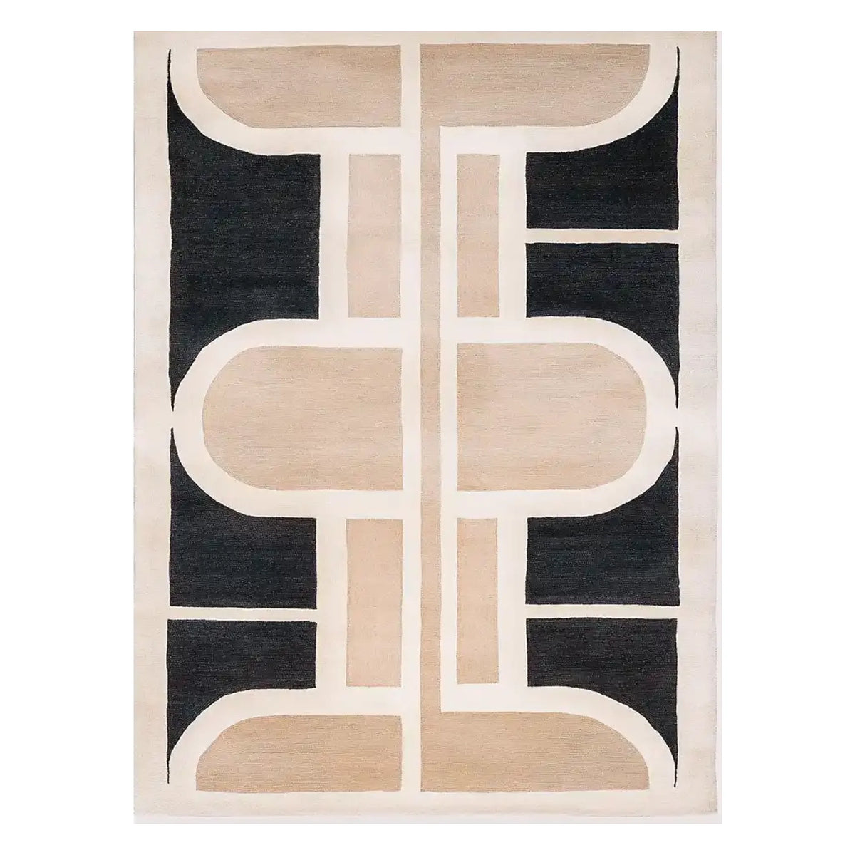 The Whispering Sands Knotted Wool Rug showcases a contemporary design with a bold geometric pattern in beige and black. This area rug, perfect for living room rugs 8x10, adds a modern touch to any space. Crafted from high-quality wool, it offers both style and durability, making it an ideal choice for rugs for living room settings.