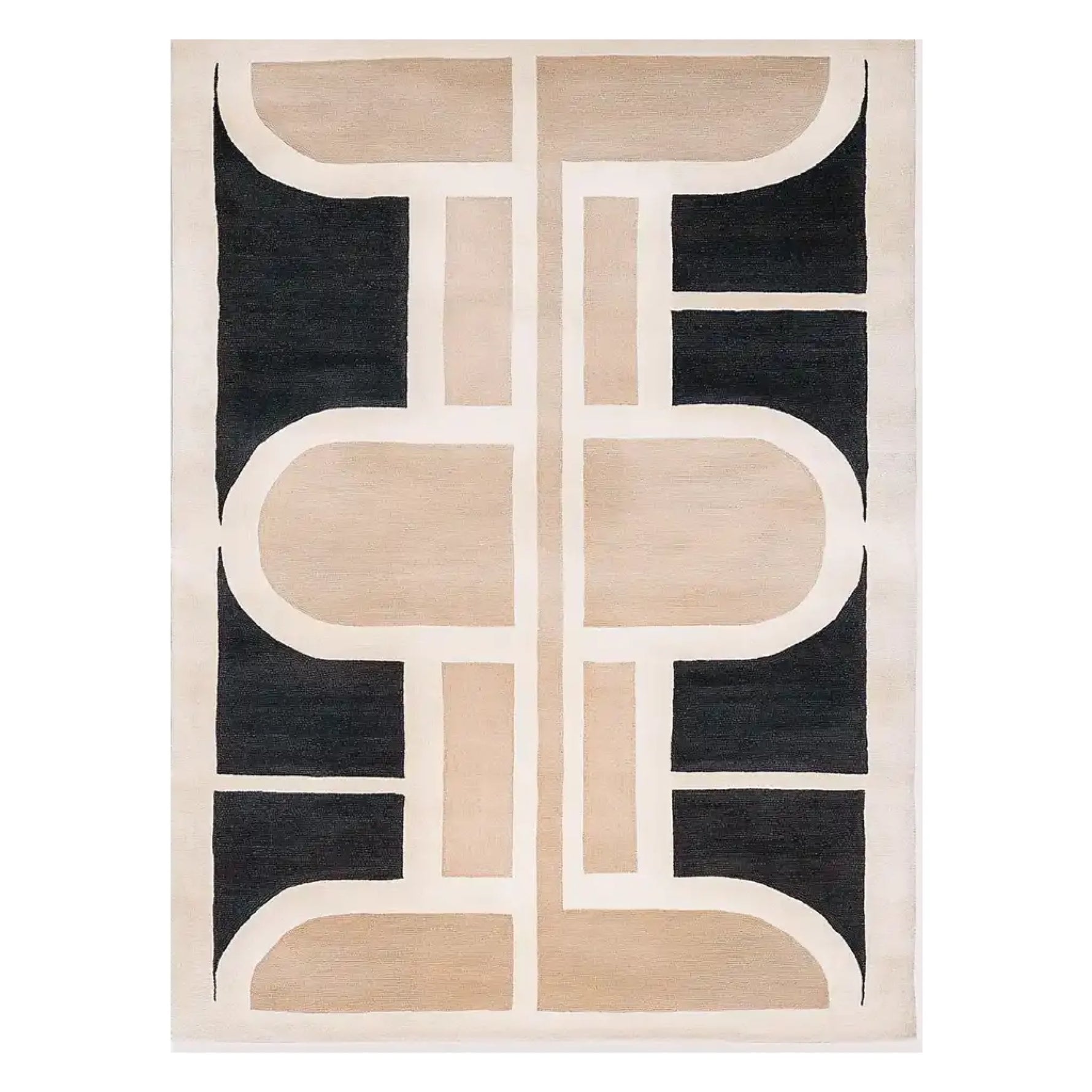 The Whispering Sands Knotted Wool Rug showcases a contemporary design with a bold geometric pattern in beige and black. This area rug, perfect for living room rugs 8x10, adds a modern touch to any space. Crafted from high-quality wool, it offers both style and durability, making it an ideal choice for rugs for living room settings.