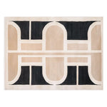 Top view of the Whispering Sands Knotted Wool Rug, showcasing its contemporary abstract pattern in neutral tones, perfect as an area rug for a living room. This 8x10 wool rug combines beige and black geometric shapes, ideal for adding a modern touch to any space.