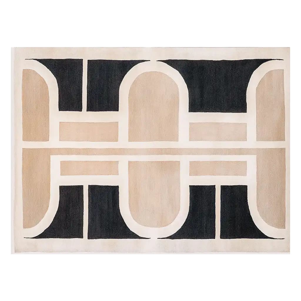 Top view of the Whispering Sands Knotted Wool Rug, showcasing its contemporary abstract pattern in neutral tones, perfect as an area rug for a living room. This 8x10 wool rug combines beige and black geometric shapes, ideal for adding a modern touch to any space.