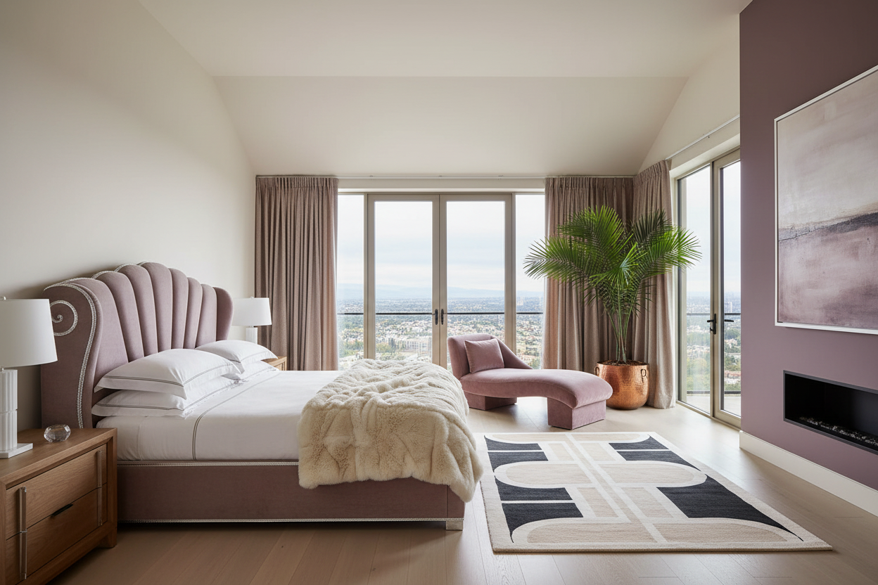 Modern bedroom with a large bed, geometric rug, chaise lounge, and city view.
