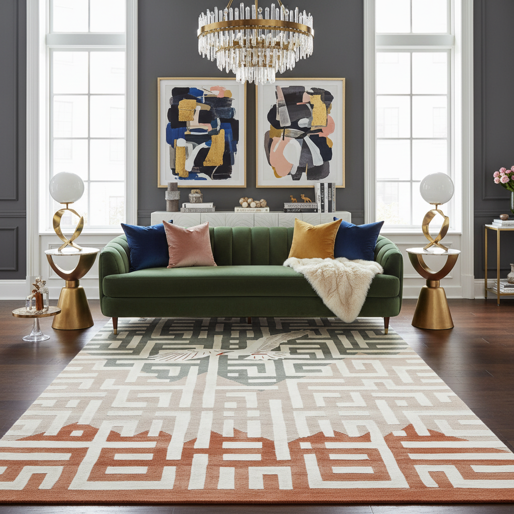 Living room with a green sofa, colorful pillows, and a geometric rug.