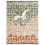 A contemporary Whispering Sky hand-tufted wool area rug featuring a geometric maze pattern in earthy tones, accented by a flying bird motif. This large living room rug combines style and comfort, ideal for modern home decor.