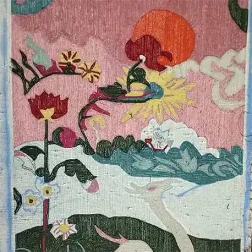 Vibrant hand-tufted area rug featuring a whimsical abstract design with swans, flowers, and a sun, perfect for adding a touch of artistry to your living room or office. This wool rug is a stunning choice for those seeking large living room rugs that combine functionality with artistic flair.
