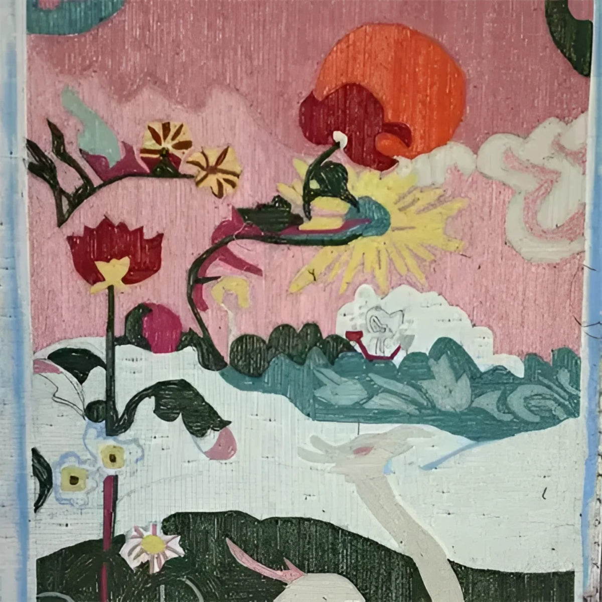 Vibrant hand-tufted area rug featuring a whimsical abstract design with swans, flowers, and a sun, perfect for adding a touch of artistry to your living room or office. This wool rug is a stunning choice for those seeking large living room rugs that combine functionality with artistic flair.