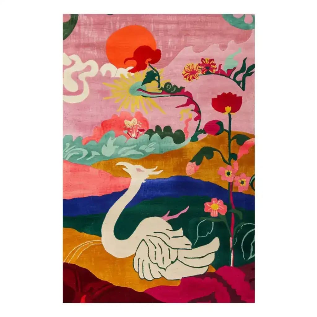 Vibrant Whispering Swan Sanctuary hand tufted area rug featuring a colorful abstract design with a swan motif against a lively backdrop. Perfect for adding a pop of color to large living rooms or offices, this wool rug is an artistic centerpiece ideal for area rugs in living rooms.
