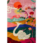 A vibrant, hand-tufted area rug featuring a whimsical scene with a swan surrounded by colorful floral and abstract patterns. This wool rug is perfect for adding a splash of color to large living rooms or offices, making it an ideal choice for anyone looking for unique area rugs for their living room.