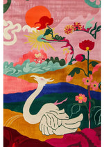A vibrant, hand-tufted area rug featuring a whimsical scene with a swan surrounded by colorful floral and abstract patterns. This wool rug is perfect for adding a splash of color to large living rooms or offices, making it an ideal choice for anyone looking for unique area rugs for their living room.