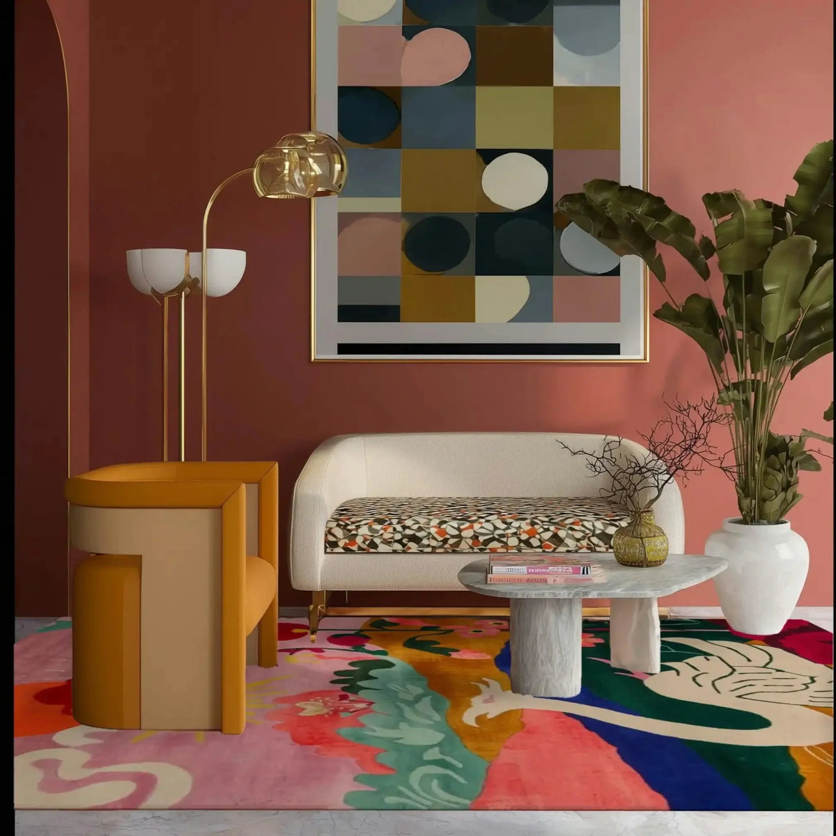 A vibrant, hand tufted area rug featuring abstract designs and bold colors, perfect for a large living room or office. The wool rug adds a splash of creativity beneath a modern sofa and stylish furniture, enhancing the living room's decor with its artistic flair.