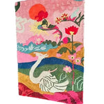 Vibrant Whispering Swan Sanctuary hand-tufted area rug featuring a serene swan amidst colorful abstract nature designs. Perfect wool rug for large living room spaces, creating a warm and inviting atmosphere in any office or living room setting. Ideal choice among area rugs for living room decor.