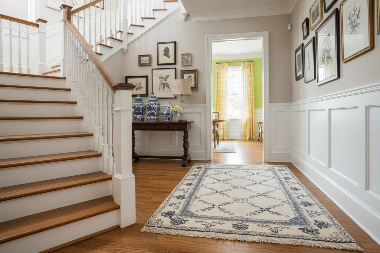 Staircase in a home with decorative rug and framed pictures on the wall.