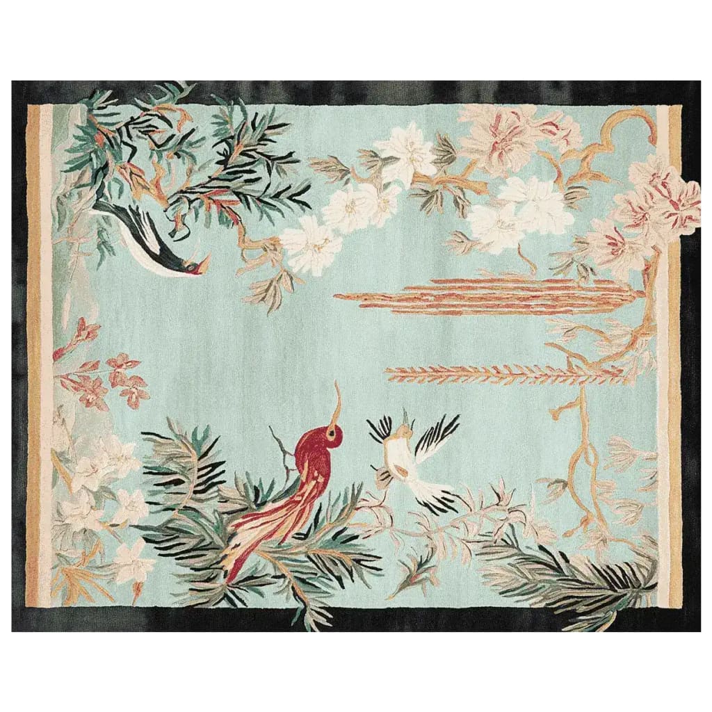 Top view of the Whispering Willow Hand Tufted Area Rug, featuring an elegant design with birds and floral patterns in soft pastel colors. This wool rug is perfect for large living room spaces, adding a touch of nature-inspired beauty to your home decor.