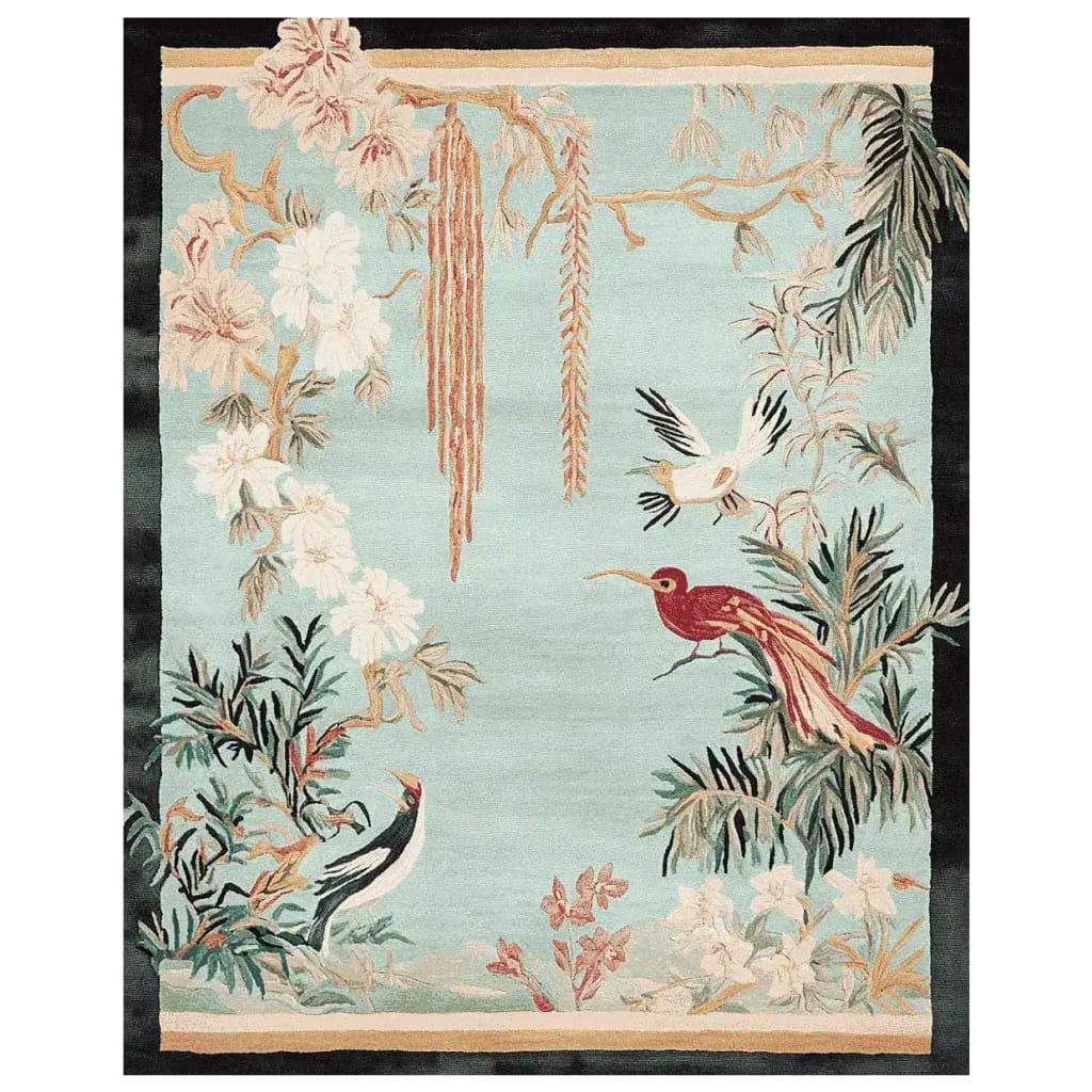 The Whispering Willow Hand Tufted Area Rug showcases a serene nature-inspired design with birds and foliage, crafted from high-quality wool. This exquisite large living room rug offers a tranquil atmosphere, perfect for enhancing your living space with elegance.