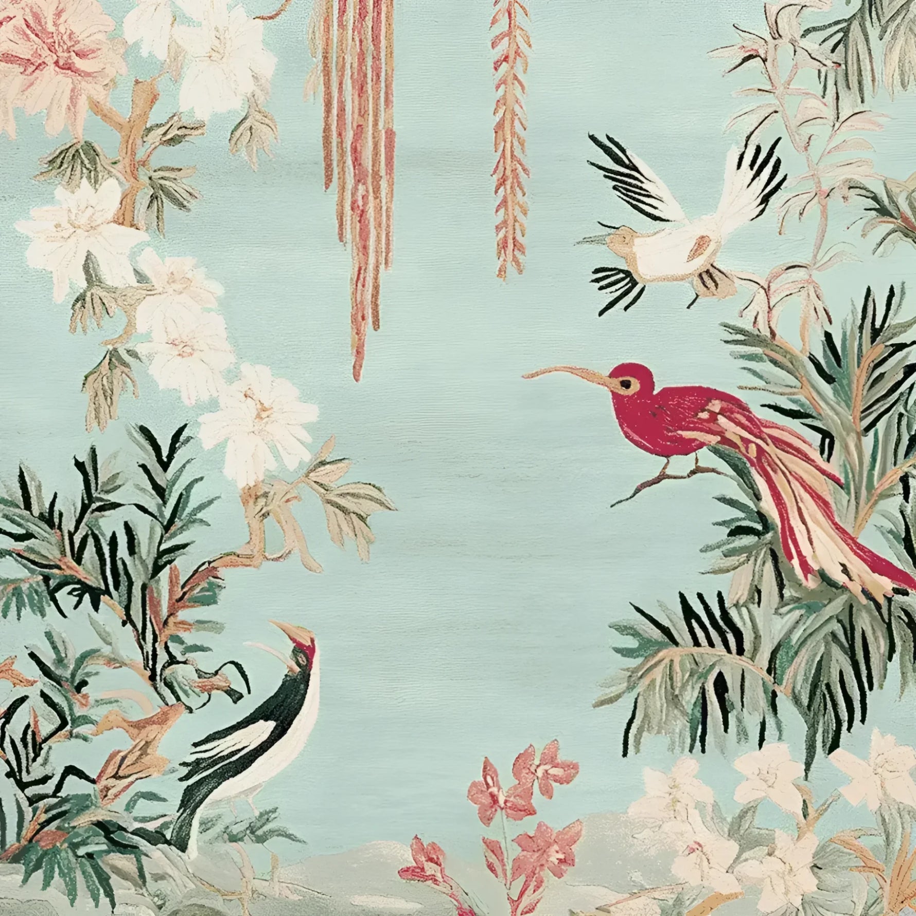 A beautifully detailed area rug featuring an enchanting design with colorful birds and blossoms. This wool rug is perfect for adding a touch of elegance to large living room spaces, making it an ideal choice for those seeking stylish rugs for living room decor.