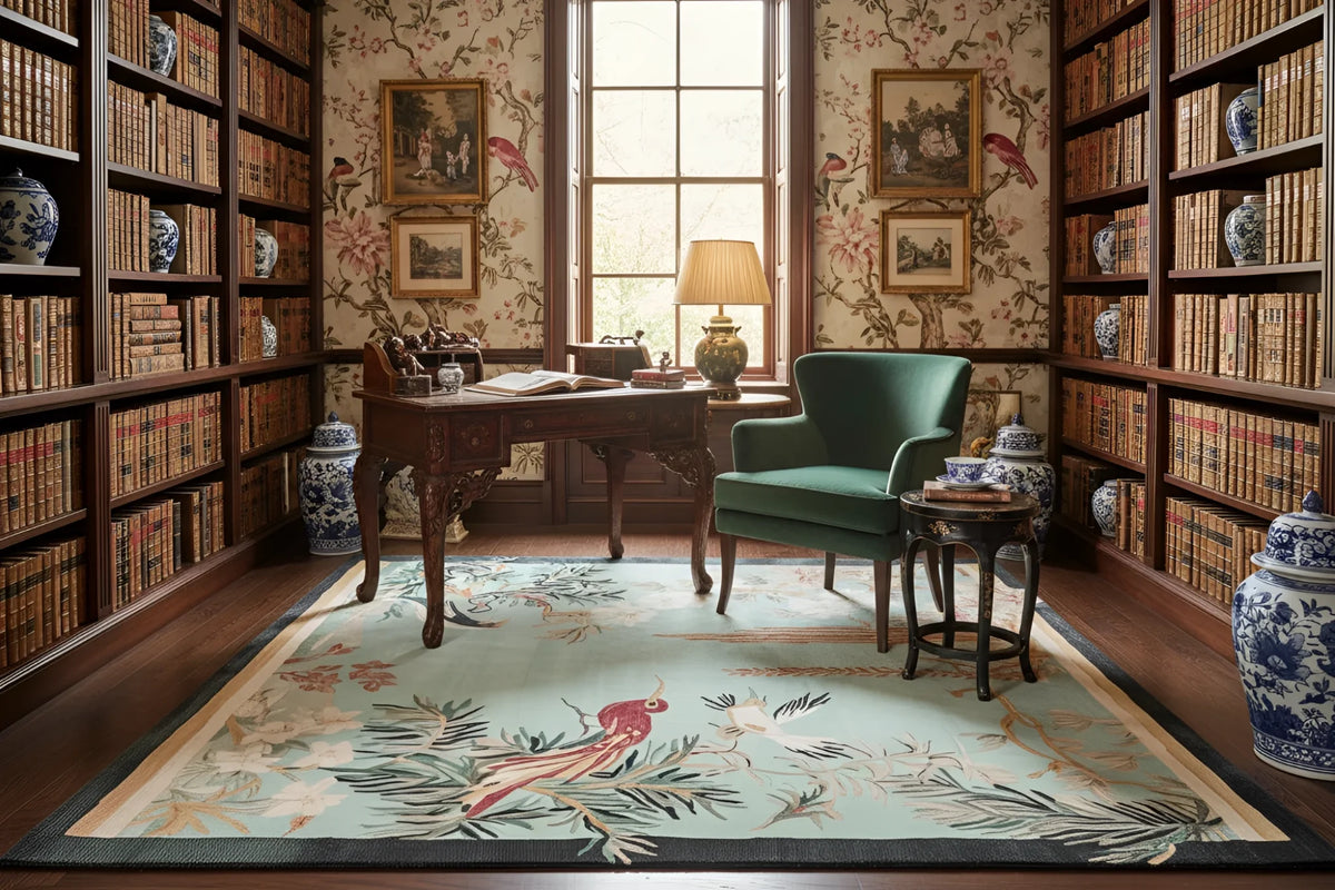 Library with bookshelves, desk, a chinoiserie rug, and green armchair.