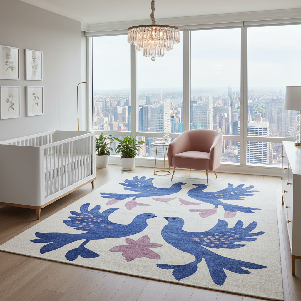 Modern nursery with a large window view, crib, armchair, and decorative rug with blue birds.