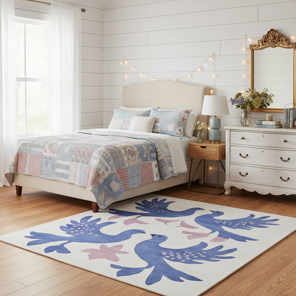 Bedroom with a bed, nightstands, and a dresser with decorative rug.