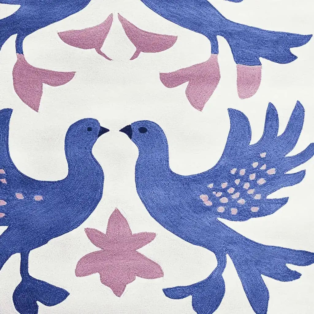 Close-up of a Whispering Winged Love Hand Tufted Area Rug featuring two stylized blue birds with intricate pink detailing on a soft background. Ideal as a contemporary wool square rug for a living room, sized 8x10.