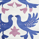 Close-up of a Whispering Winged Love Hand Tufted Area Rug featuring two stylized blue birds with intricate pink detailing on a soft background. Ideal as a contemporary wool square rug for a living room, sized 8x10.