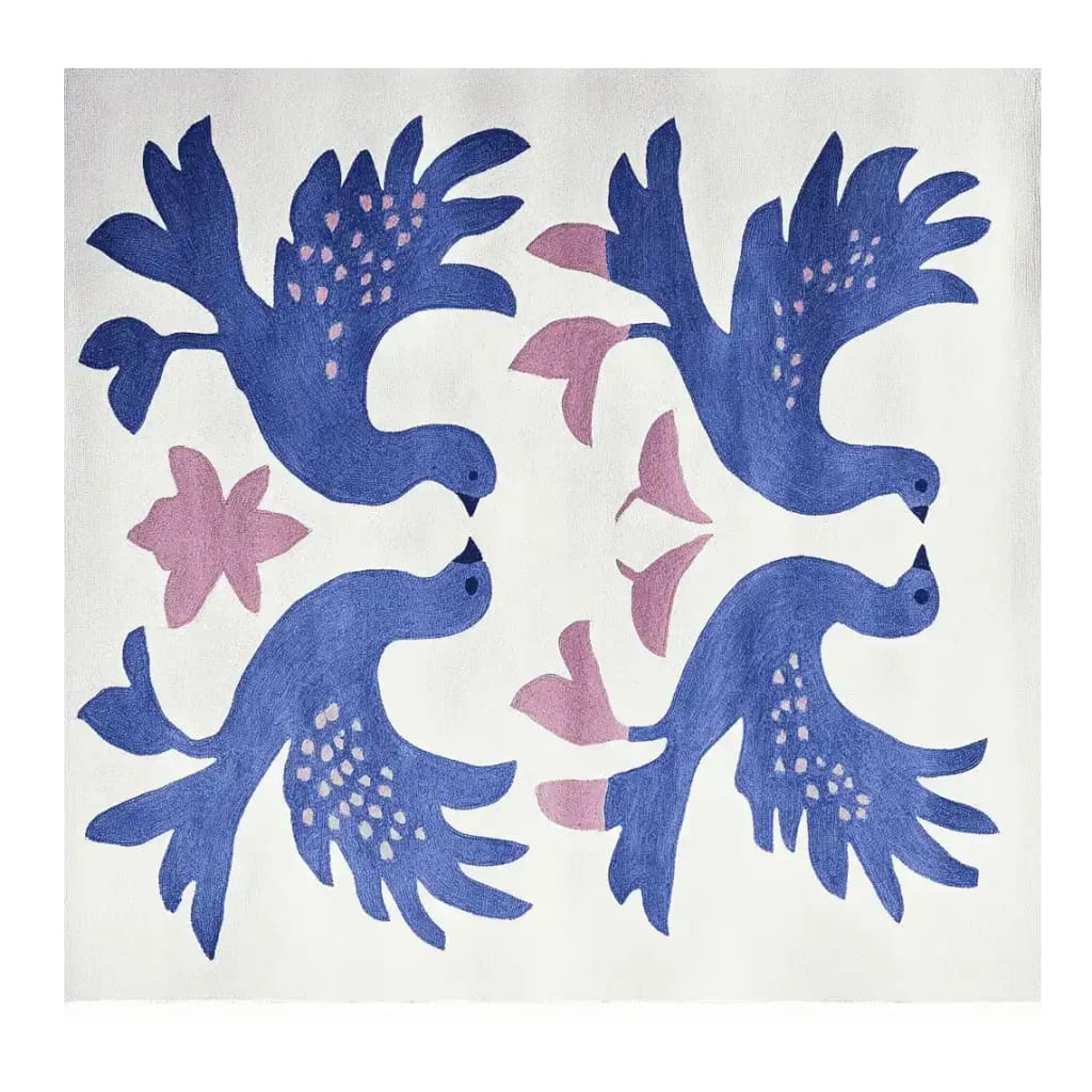 Contemporary wool area rug featuring an abstract design of four blue birds and pink floral accents, perfect for adding a touch of modern elegance to your living space. This square rug, ideal for living room decor, is crafted from high-quality wool, offering durability and style in an 8x10 size.