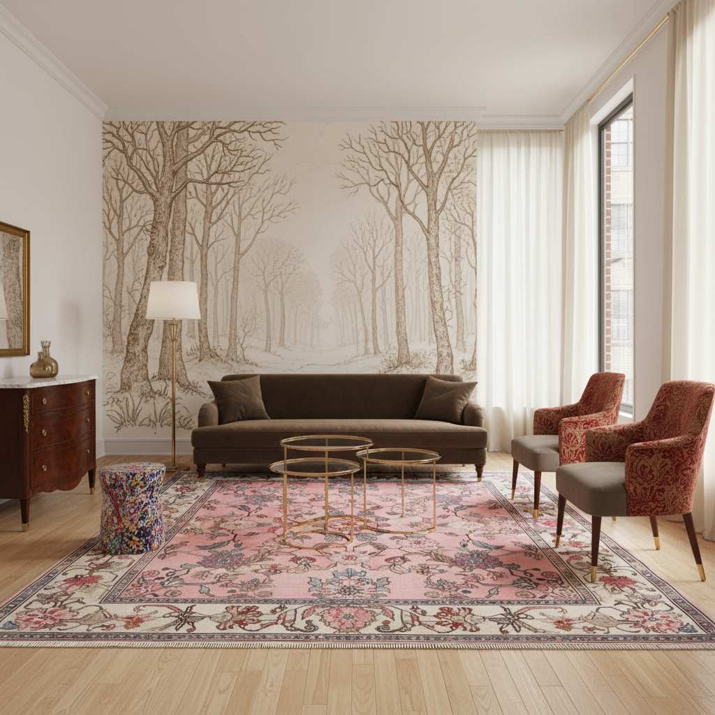 Living room with a brown sofa, patterned rug, and wall mural of trees.