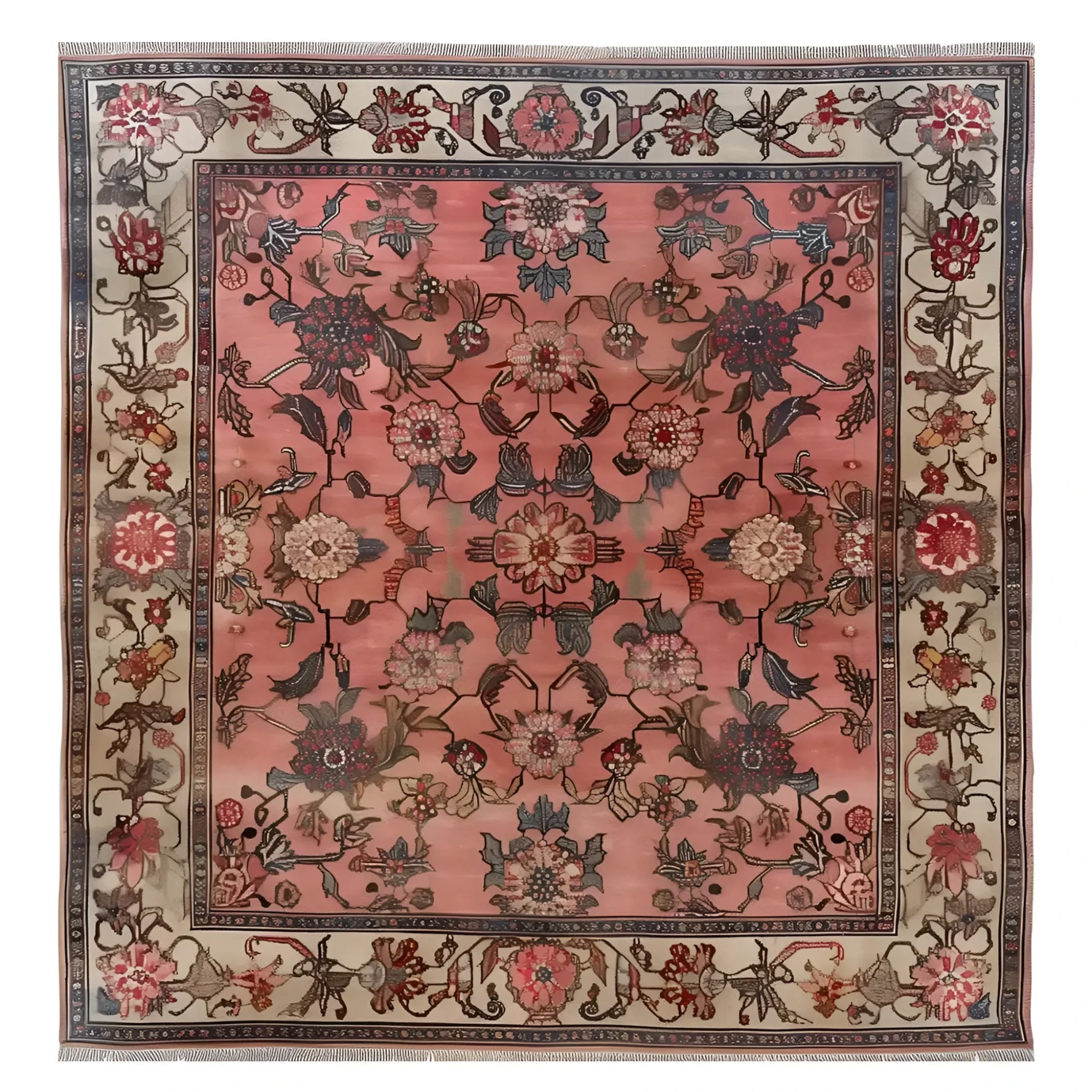 An exquisite area rug with a vintage floral design, the Whispers of Antiquity Knotted Wool Rug features intricate patterns in warm tones, ideal for enhancing living room decor. This floral rug captures elegance and timeless beauty, making it a perfect addition to any living room area.
