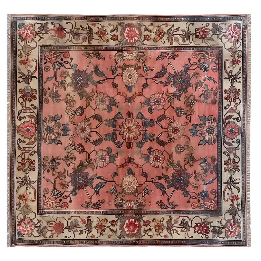 A beautifully crafted area rug featuring intricate floral patterns in rich colors, perfect for enhancing living room spaces. This knotted wool rug, known as 'Whispers of Antiquity', showcases a harmonious blend of traditional design elements, making it an ideal floral rug choice for those seeking a touch of elegance in their living room area rugs.