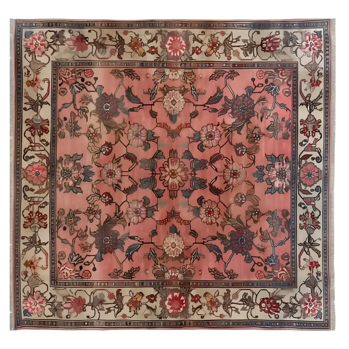 A beautifully crafted area rug featuring intricate floral patterns in rich colors, perfect for enhancing living room spaces. This knotted wool rug, known as 'Whispers of Antiquity', showcases a harmonious blend of traditional design elements, making it an ideal floral rug choice for those seeking a touch of elegance in their living room area rugs.