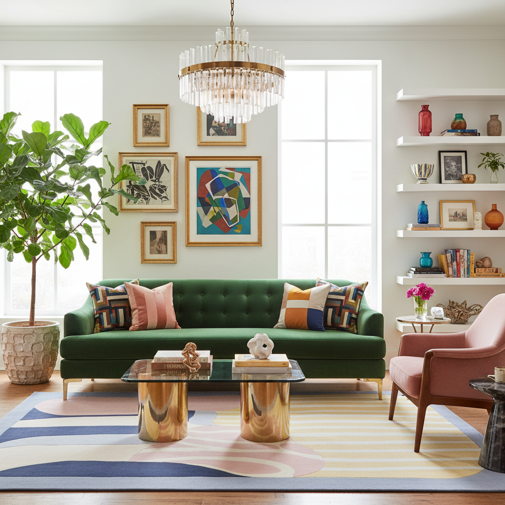 Modern living room with a green sofa, a contemporary tufted wool rug, colorful cushions, and a glass coffee table.