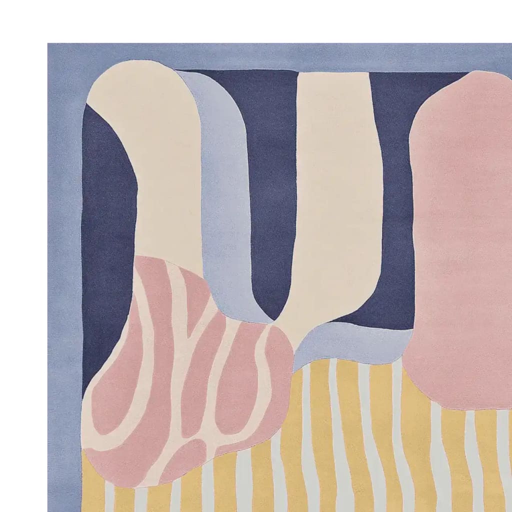 A vibrant, contemporary area rug featuring an abstract design in soft pastels and bold lines. This wool rug, perfect for adding a modern touch to any living room, showcases a blend of blue, pink, and yellow hues in a unique geometric pattern.