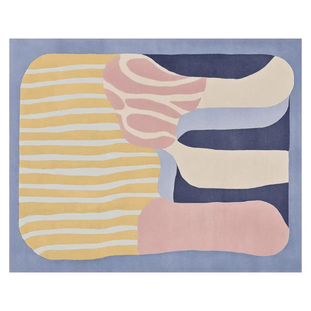 Top view of the Whispers of Color Hand Tufted Area Rug showcasing abstract patterns in soft pastel hues. This wool rug is perfect for adding a contemporary touch to any living room.