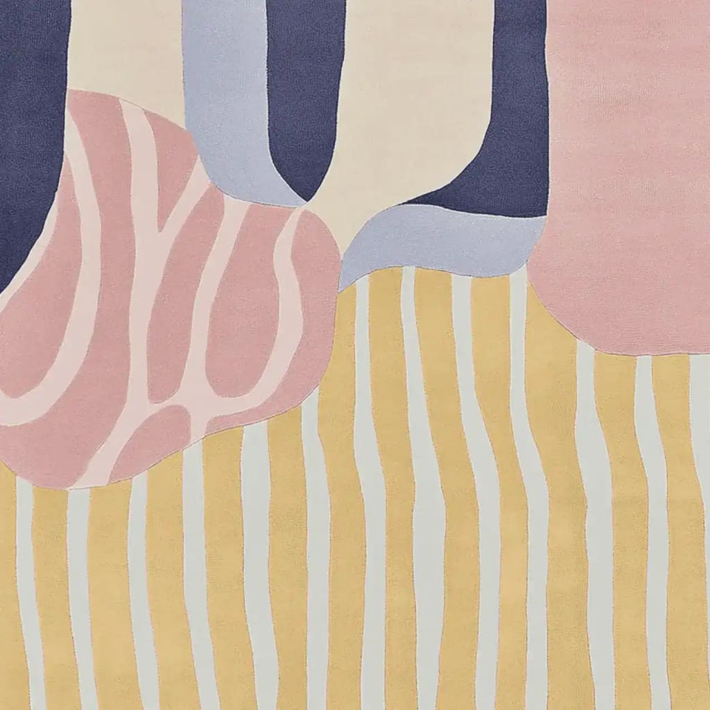 Top view of the Whispers of Color Hand Tufted Area Rug showcasing an abstract design with soft pastel hues. This wool rug features a blend of pink, blue, and yellow shapes, making it a perfect contemporary rug for a stylish living room.